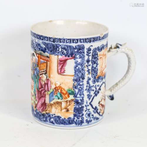 A Chinese porcelain mug, polychrome enamel painted panels, h...