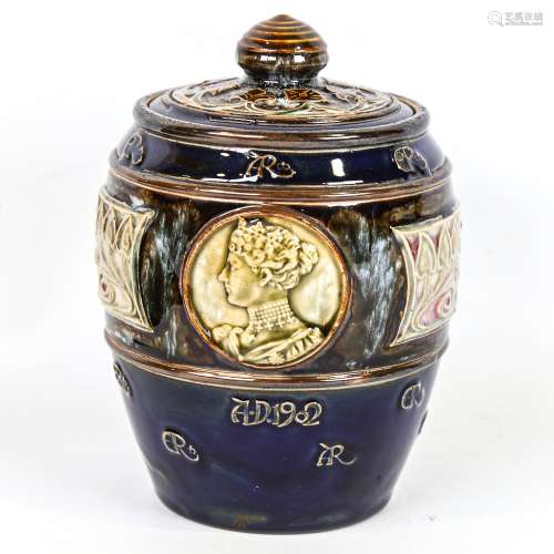 Royal Doulton 1902 commemorative stoneware tobacco jar and c...