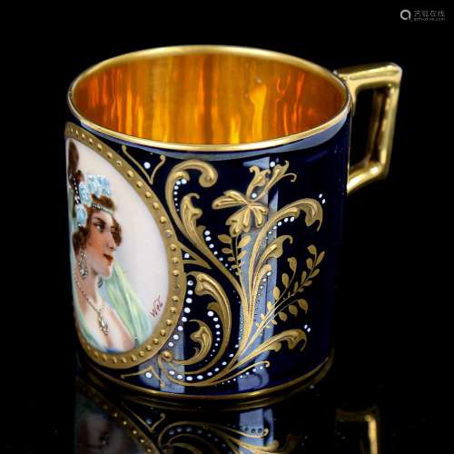 A Vienna porcelain cabinet cup, with painted panel Bloni in ...