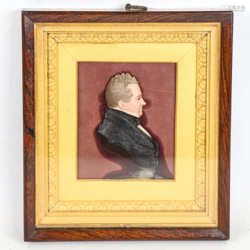 19th century relief cast multicolour wax portrait plaque, in...
