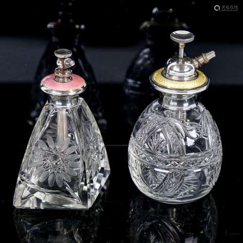 2 cut-glass silver and coloured enamel atomiser perfume bott...