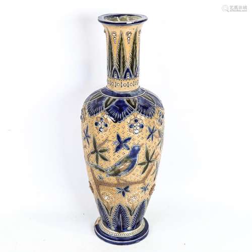 Fulham Pottery vase with incised bird design, artist's mark ...