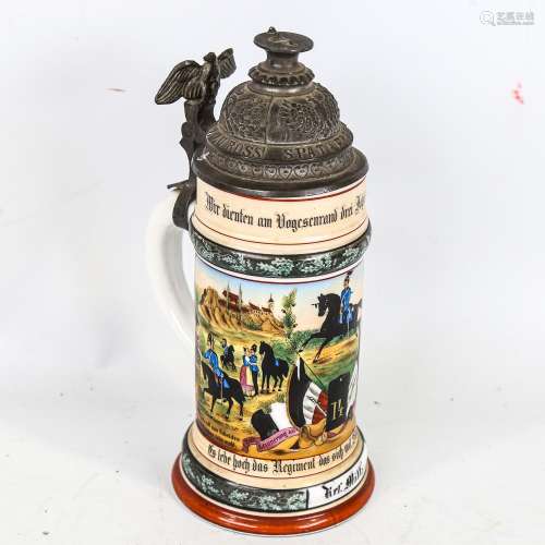 A 19th century German porcelain stein, cast-pewter lid with ...