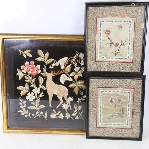 A 19th century silk embroidery depicting a stag, modern fram...