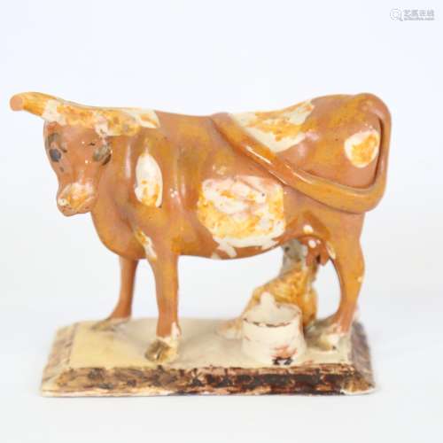 19th century Whieldon glaze pottery milkmaid and cow, length...