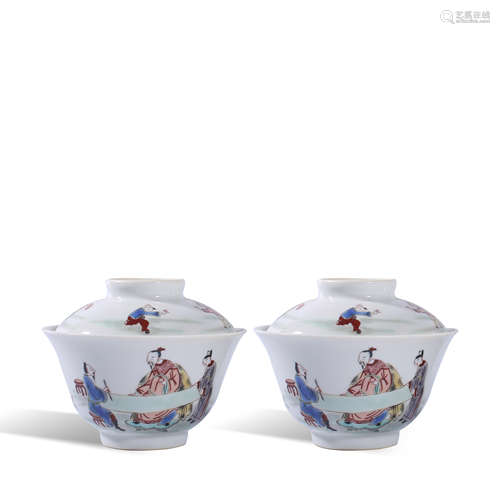 A pair of bowls with story pattern of pastel figures in Qing...