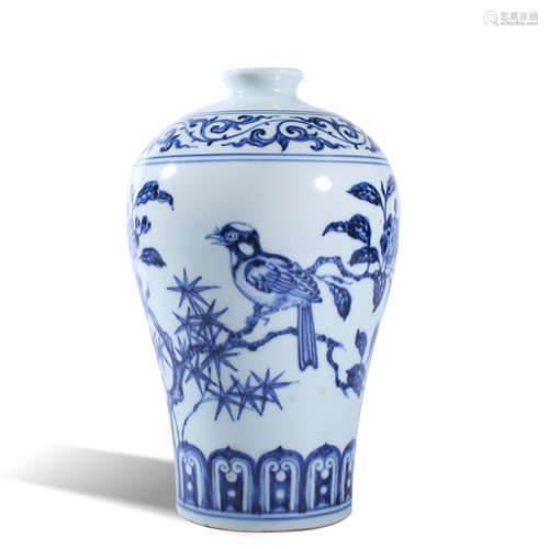 Blue and white plum vase with flower and bird pattern in Min...