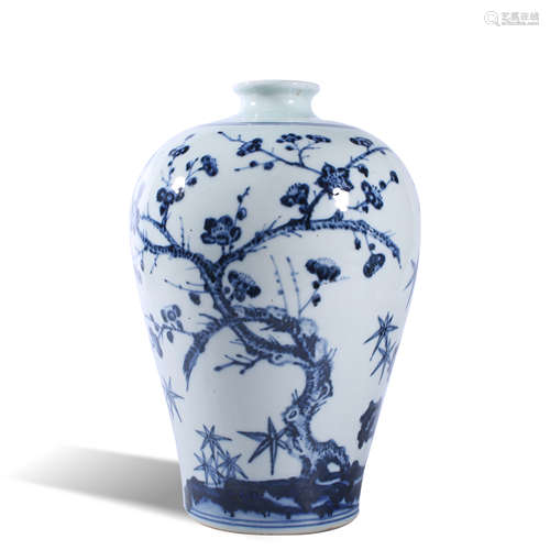 Blue and white plum vase with pine, bamboo and plum pattern ...