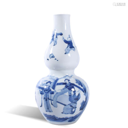 Qing Dynasty Kangxi blue and white characters story gourd bo...