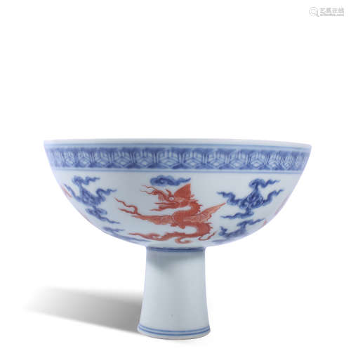 Chenghua blue and white red dragon design high foot bowl in ...