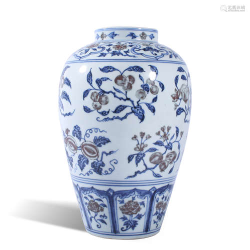 Blue and white underglaze bottle with red melon and fruit pa...