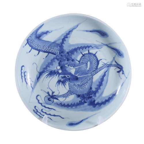 Blue and white dragon plate in Qing Dynasty
