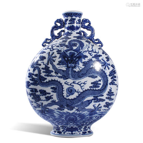 Qing Dynasty Qianlong blue and white dragon shaped flat bott...