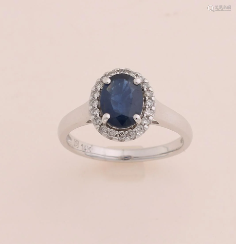 Elegant white gold ring, 585/000, with sapphire and