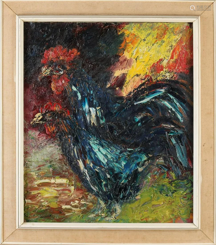 S. Jonker. Rooster with chicken. Oil on linen.