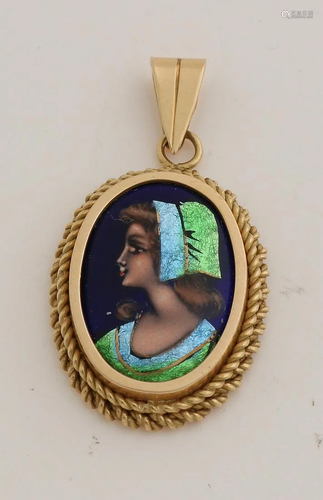 Yellow gold pendant, 585/000, with Limoges enamel. Oval