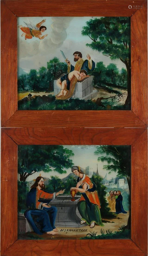 Two antique Dutch behind-glass paintings. Samaritan +