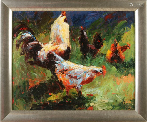 Unsigned. 21st century. Rooster and chickens. Oil on