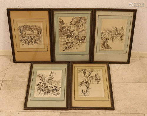 5x Charles Henri Pille. 1844 - 1897. Drawings with