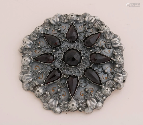 Large silver brooch, BWG, with garnet. Round contoured