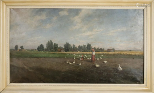 Unsigned? 19th century. Landscape with farms and goose