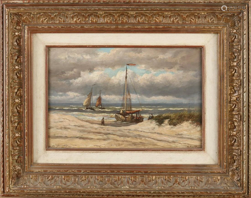 H Hulk. 1842 - 1937. Dutch beach scene with barges and