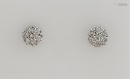 White gold ear studs, 585/000, with diamonds. Two rose