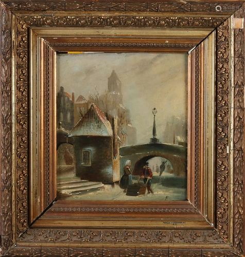 Unsigned. 19th century. Cityscape with figures skating