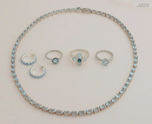 Set of silver jewelry, 925/000, with blue stones. A