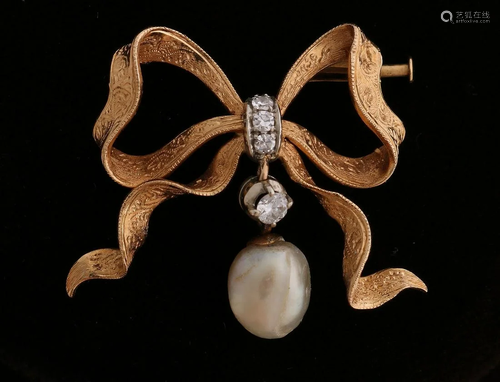 Elegant yellow gold brooch, 750/000, with diamond and