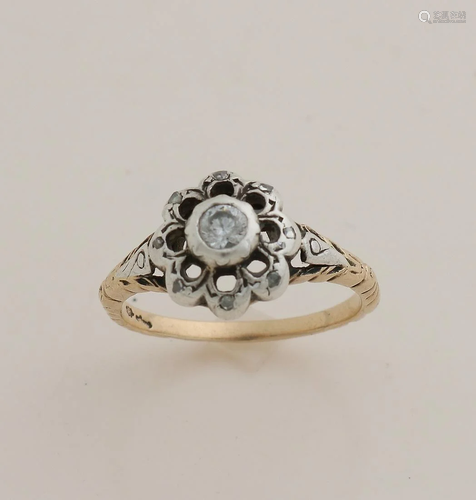 Gold ring, 585/000, with silver rosette and diamond.