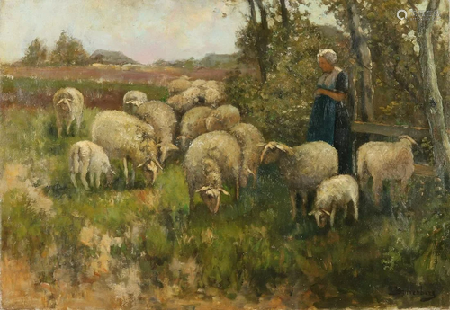 Bannenberg. Circa 1900. Shepherd with sheep. Oil on