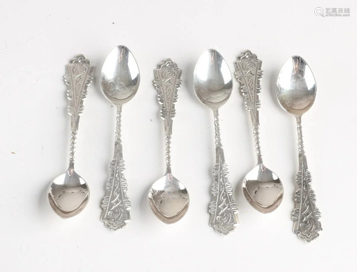 Six silver bar spoons, 925/000, with contoured engraved