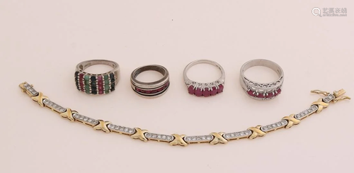 Silver bracelet and 4 silver rings, 925/000, Silver