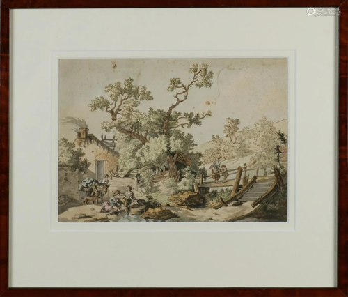 Unclearly signed. Circa 1800. Landscape, farm with