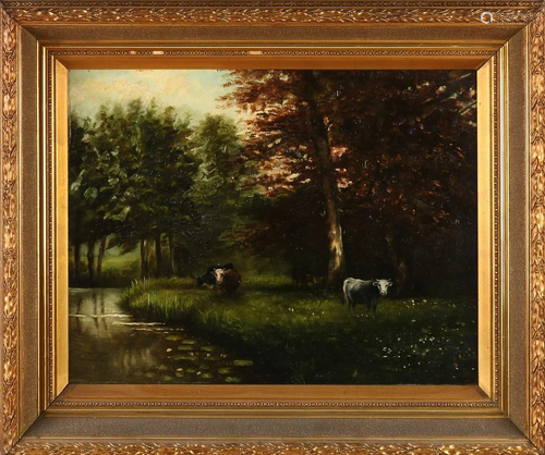 Unsigned? Circa 1900. Forest view with cows along a