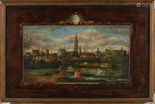 Unclearly signed. Cityscape of Delft with figures. 20th