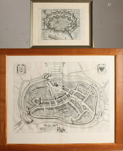 Two antique engravings. City walls Heusden, with text +