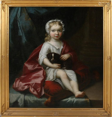 Unsigned. Circa 1800. Girl with puppy on pillow.