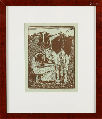 Jan Mankes woodcut. Hand signed. 1889 - 1920. Milking