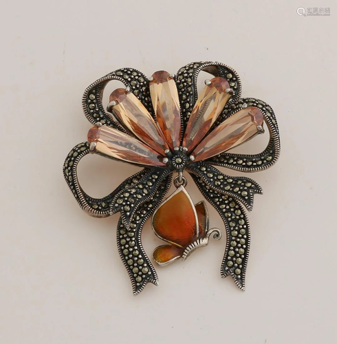 Silver bow brooch, 925/000, decorated with enamel,