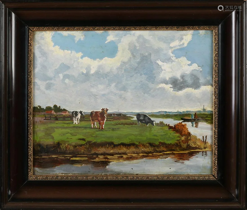 Unsigned. Circa 1920. Dutch landscape with cows. Oil