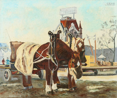 weber. 20th century. Horse cart on Rotterdam quay. Oil