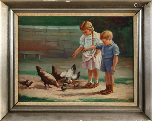 Rob Lembaerts. Circa 1940. Children feed chickens. Oil