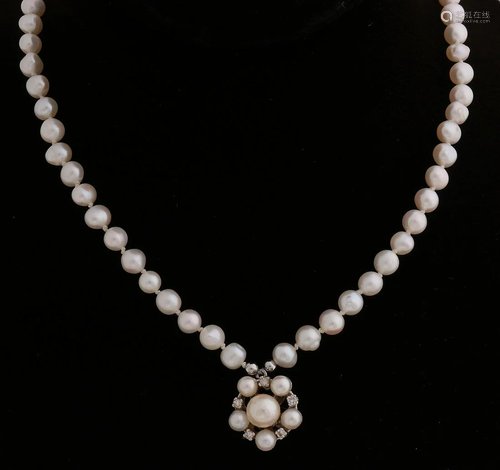 Pearl necklace in the middle with a white gold pendant,