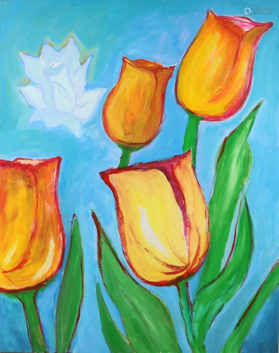 Unsigned. Modern painting with tulips. Oil on linen.