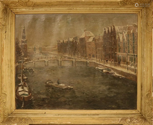 Unclearly signed. Circa 1900. Dutch winter canal view