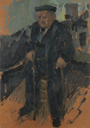 Unsigned. Circa 1950. Man on chair. Oil paint on panel.