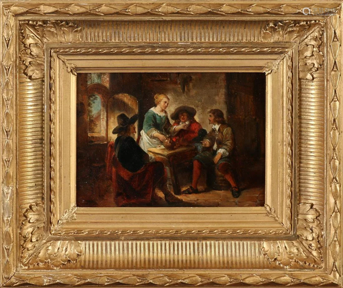 Unclear signature. 19th century. Figures in tavern. Oil