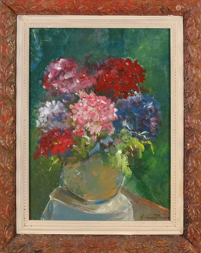 Unclear. Circa 1940. Vase with flowers. Oil on linen.